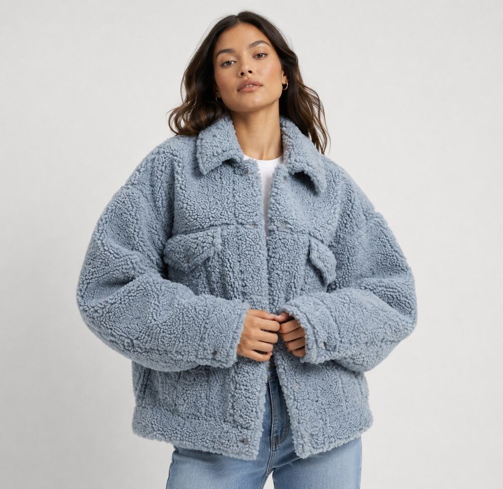 NWT Good American 90s Sherpa Trucker Jacket Blue Fog Teddy Coat XXL